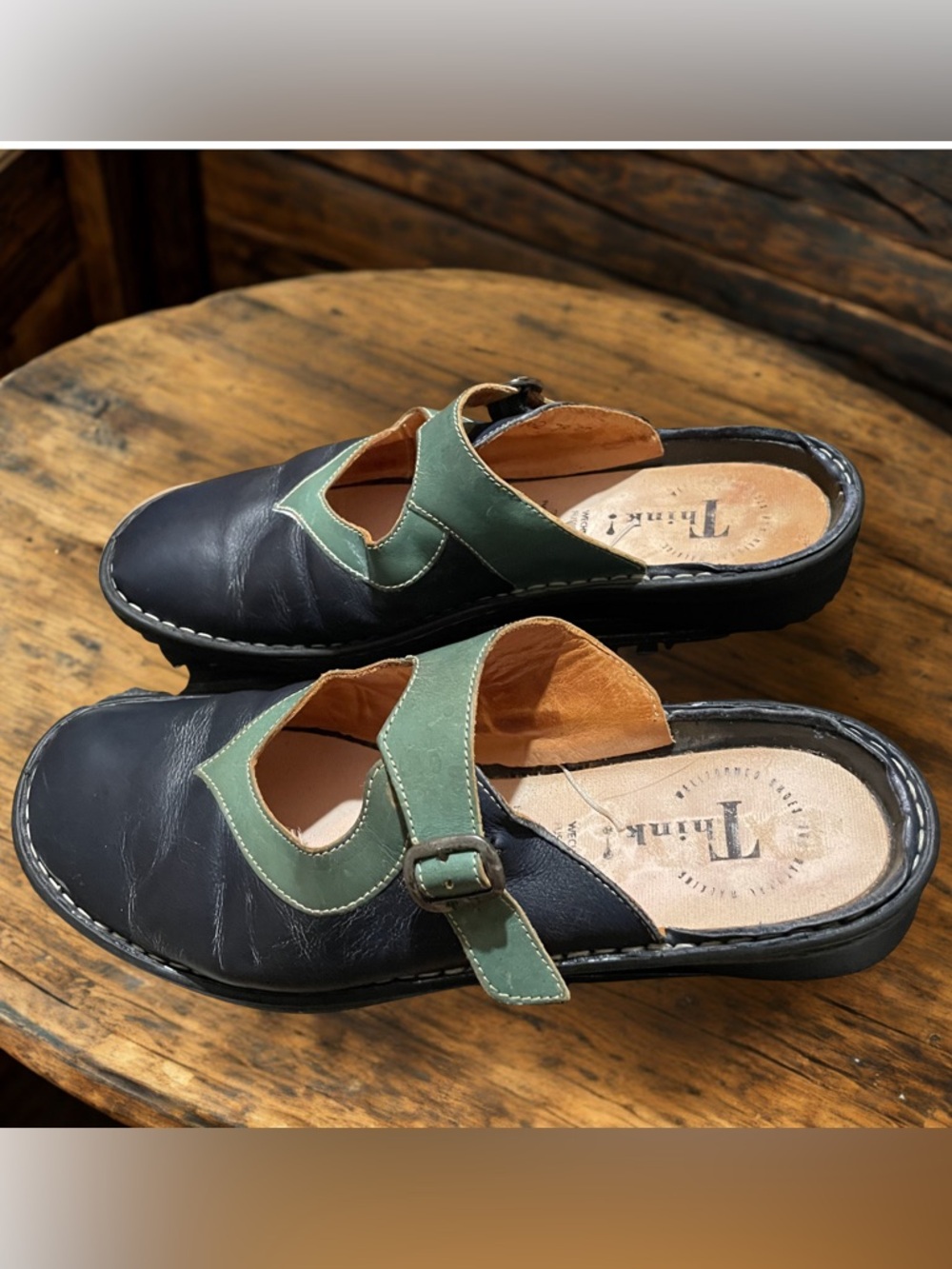 THINK! Women's Blue Green Leather Heart Cutout Mules Clogs EU 42 US 11 Wide VTG - Picture 3 of 9